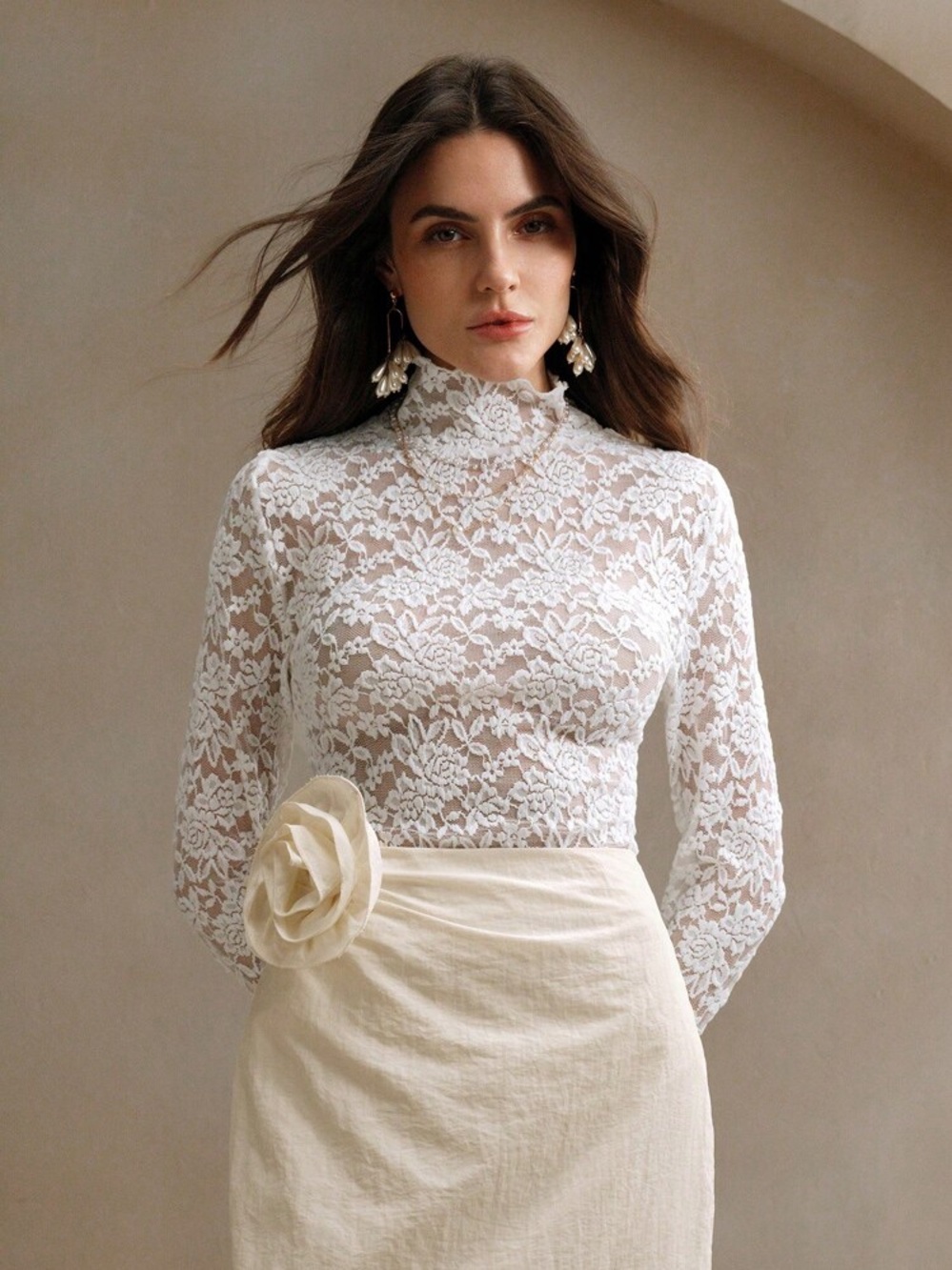 SHEIN Anewsta White Floral Lace Long-Sleeve Mock Neck Top